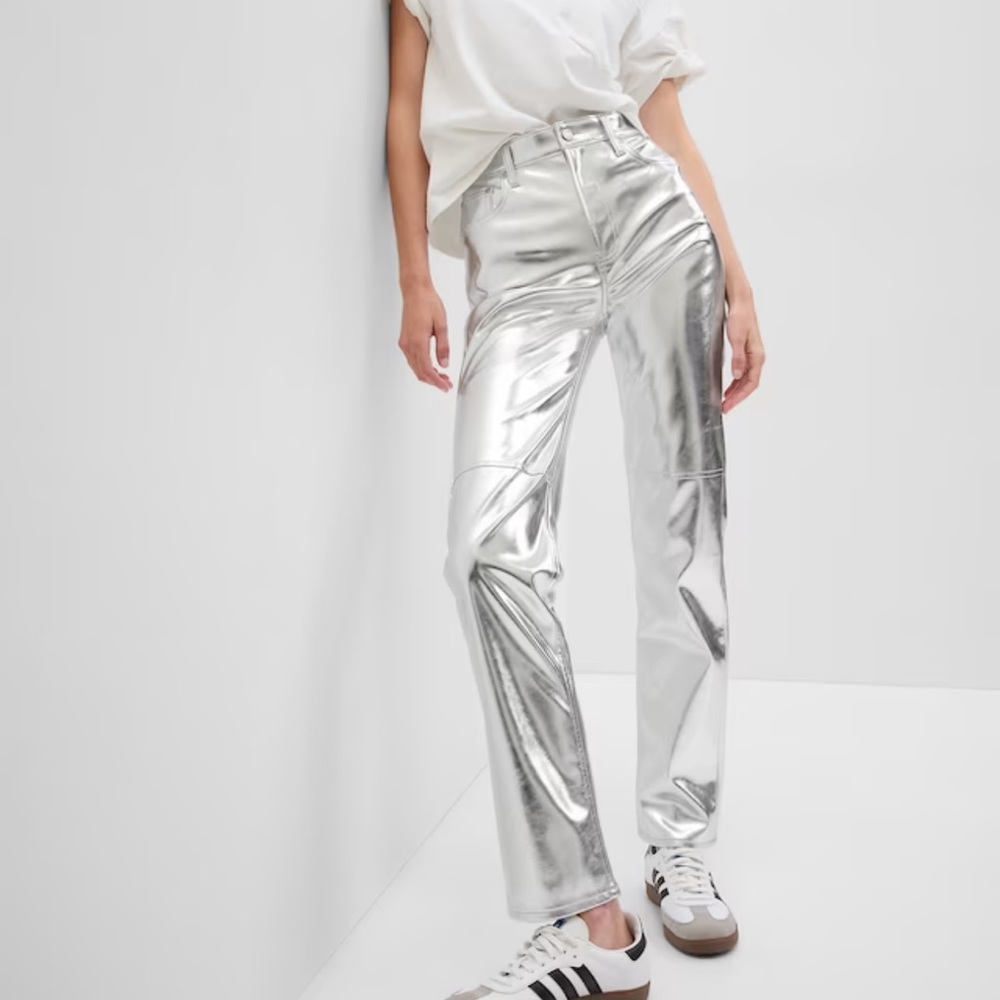 Silver High Rise Leather Straight Pants